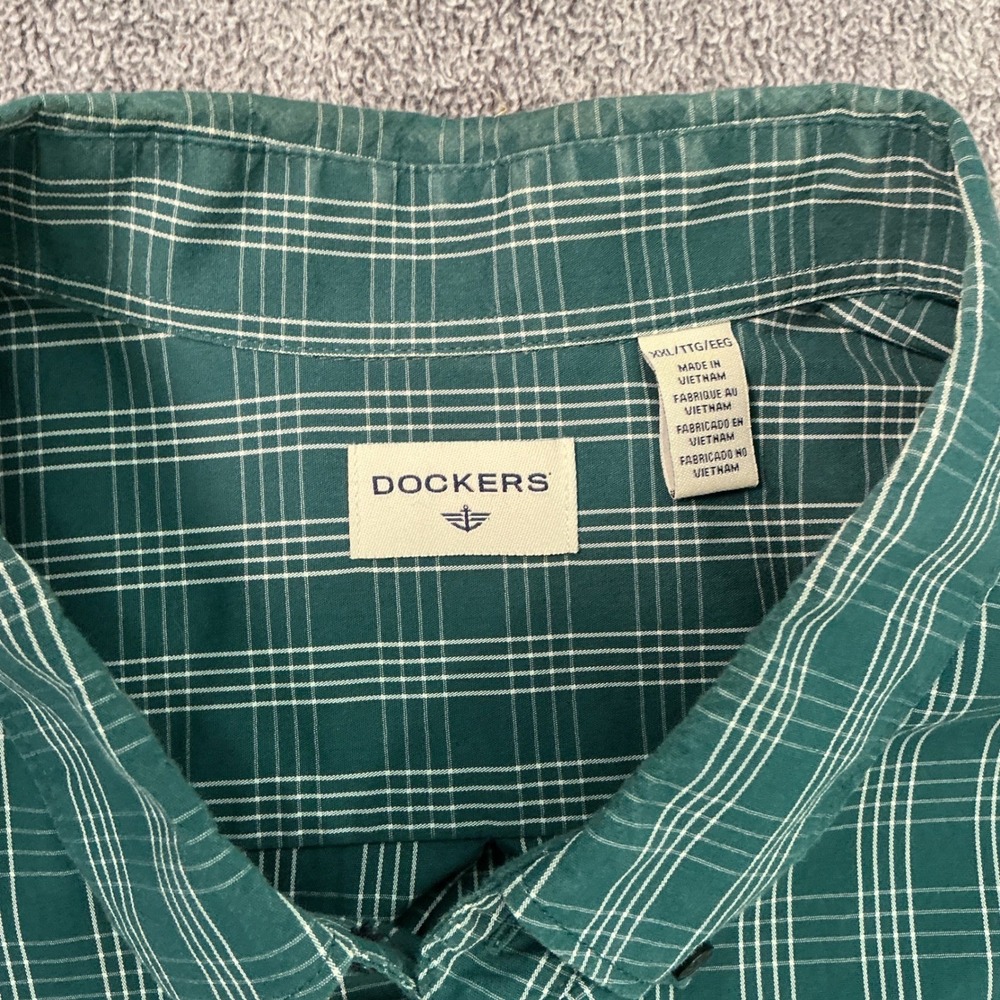 Dockers Mens XXL Green Plaid Long Sleeve Button Down Shirt Pocket Cotton Blend - Picture 2 of 7